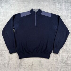 Peter Millar Sweater Mens Large Navy Blue Merino Wool Quarter Zip Shoulder Patch